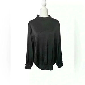 Oddi Black Smocked Mock Neck Blouse 1XL - Relaxed Fit, Keyhole Back, Elegant